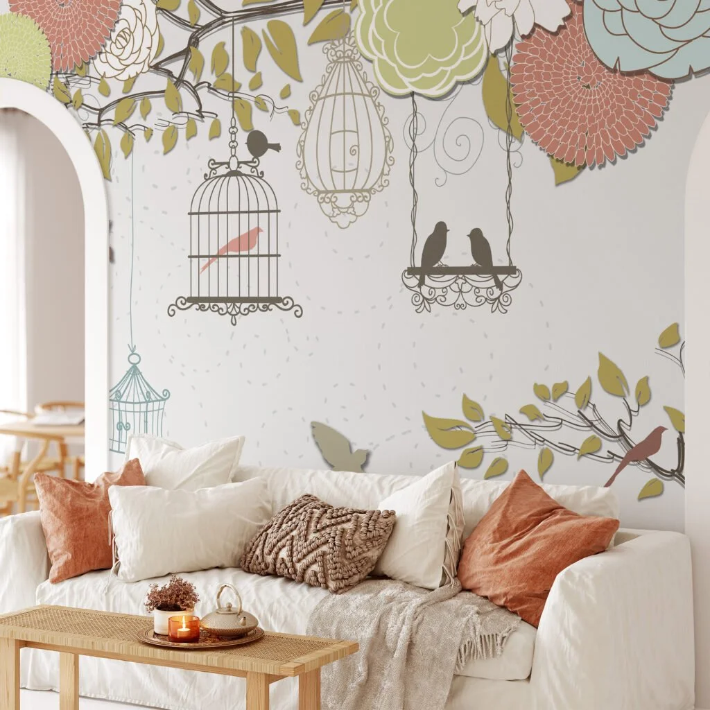 Illustrated Flowers and Birdcages Wallpaper, Playful and Charming Peel and Stick Wall Mural, Self Adhesive Removable Wallpaper for a Whimsical Home Decor