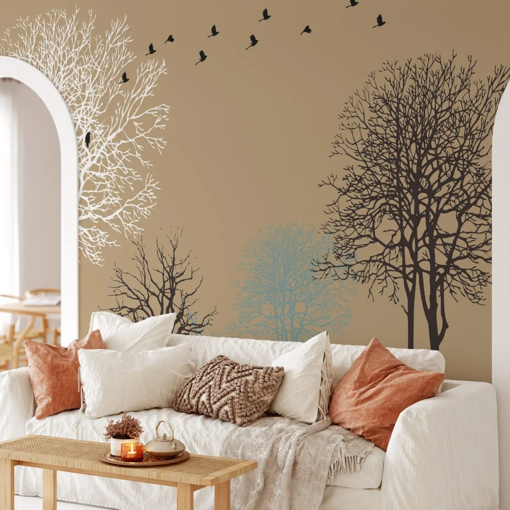 Peel and Stick Minimalist Trees and Birds Wallpaper with Customizable Sizes and Removable Properties for Modern Wall Decor in Living Rooms or Bedrooms