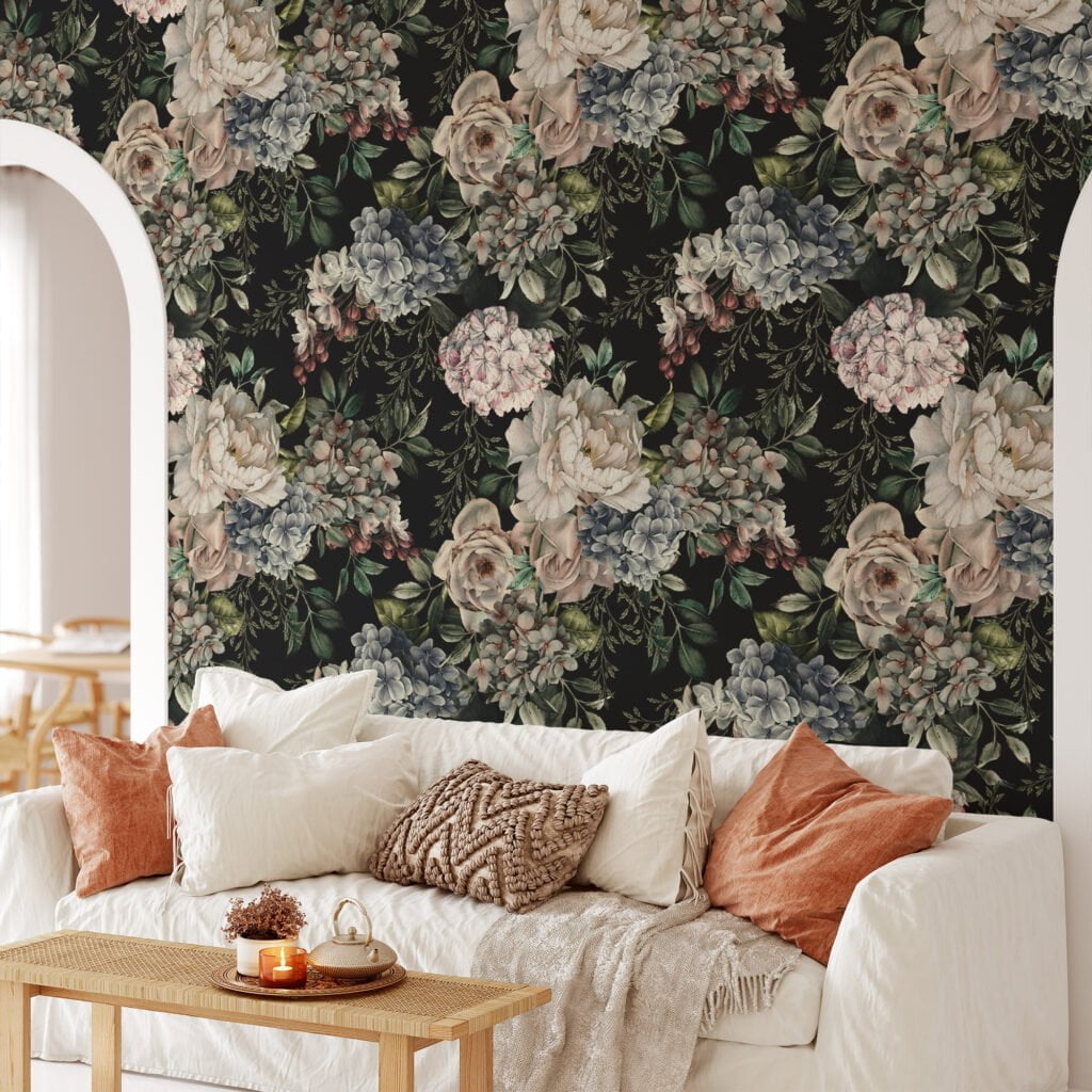 Modern Dark Themed Flowers and Leaves Wallpaper, Peel and Stick Self Adhesive Removable Wall Mural, Abstract Botanical Pattern for Living Room Decor