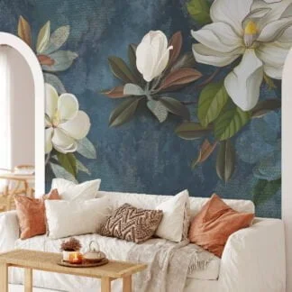 Large White Magnolia Flowers on Green Leafy Background Wallpaper, Peel and Stick Self Adhesive Removable Wall Mural, Nature-Themed Floral Print