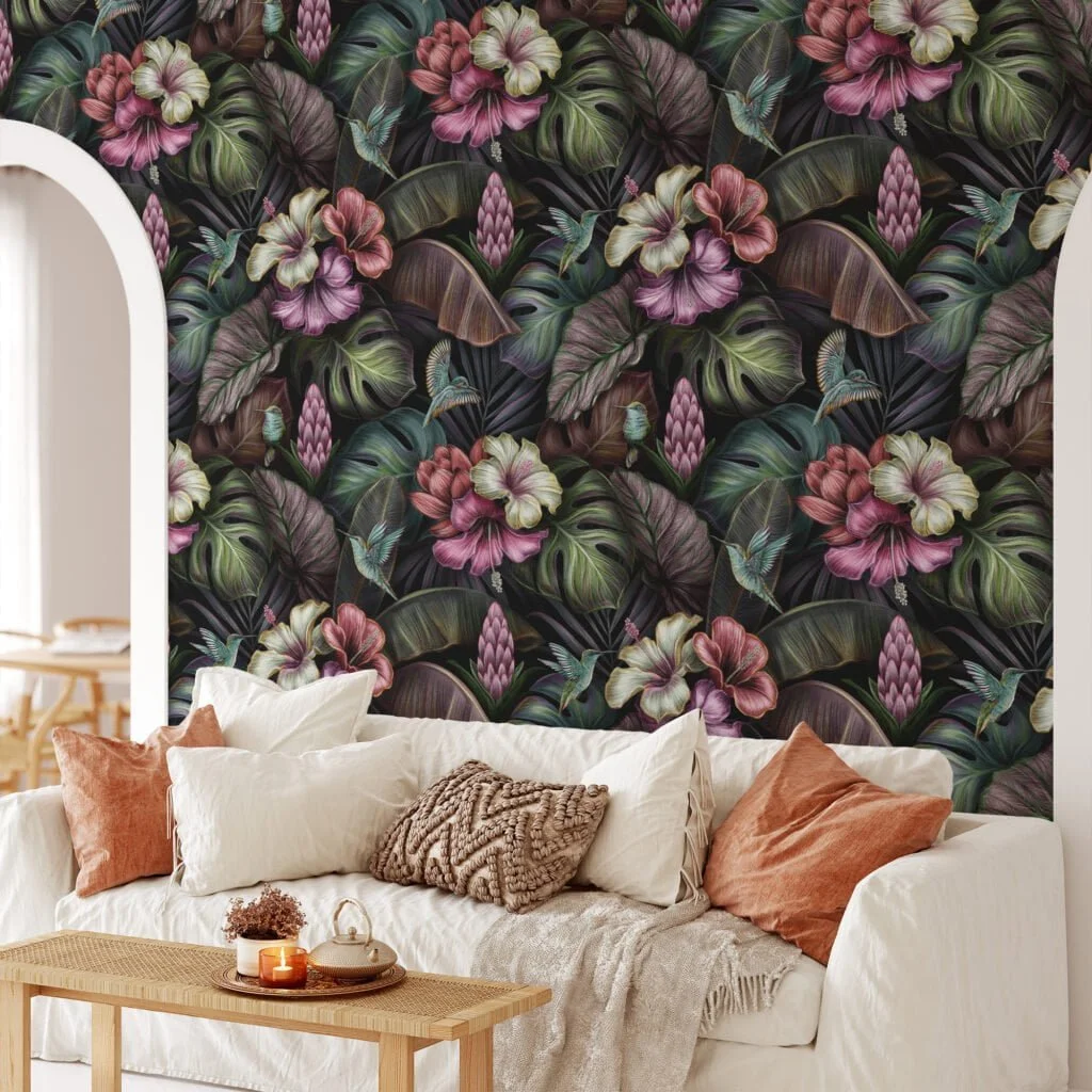 Vintage Botanical Flowers and Mockingbirds Wallpaper, Peel and Stick Self Adhesive Wall Mural, Ideal for a Classic and Elegant Home Decor