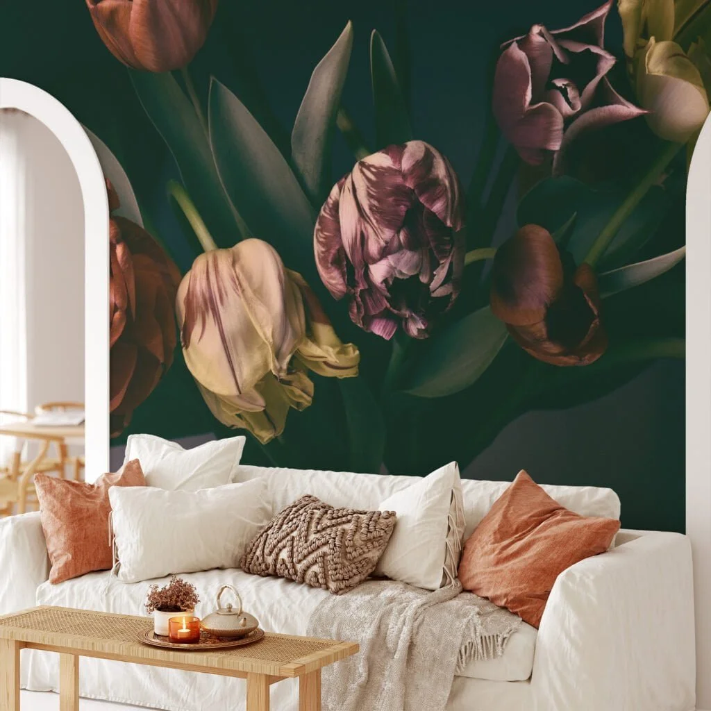Vintage Style Colorful Tulips Wallpaper, Peel and Stick Floral Wall Mural, Removable Self Adhesive Wallpaper for Living Room, Bedroom, or Bathroom