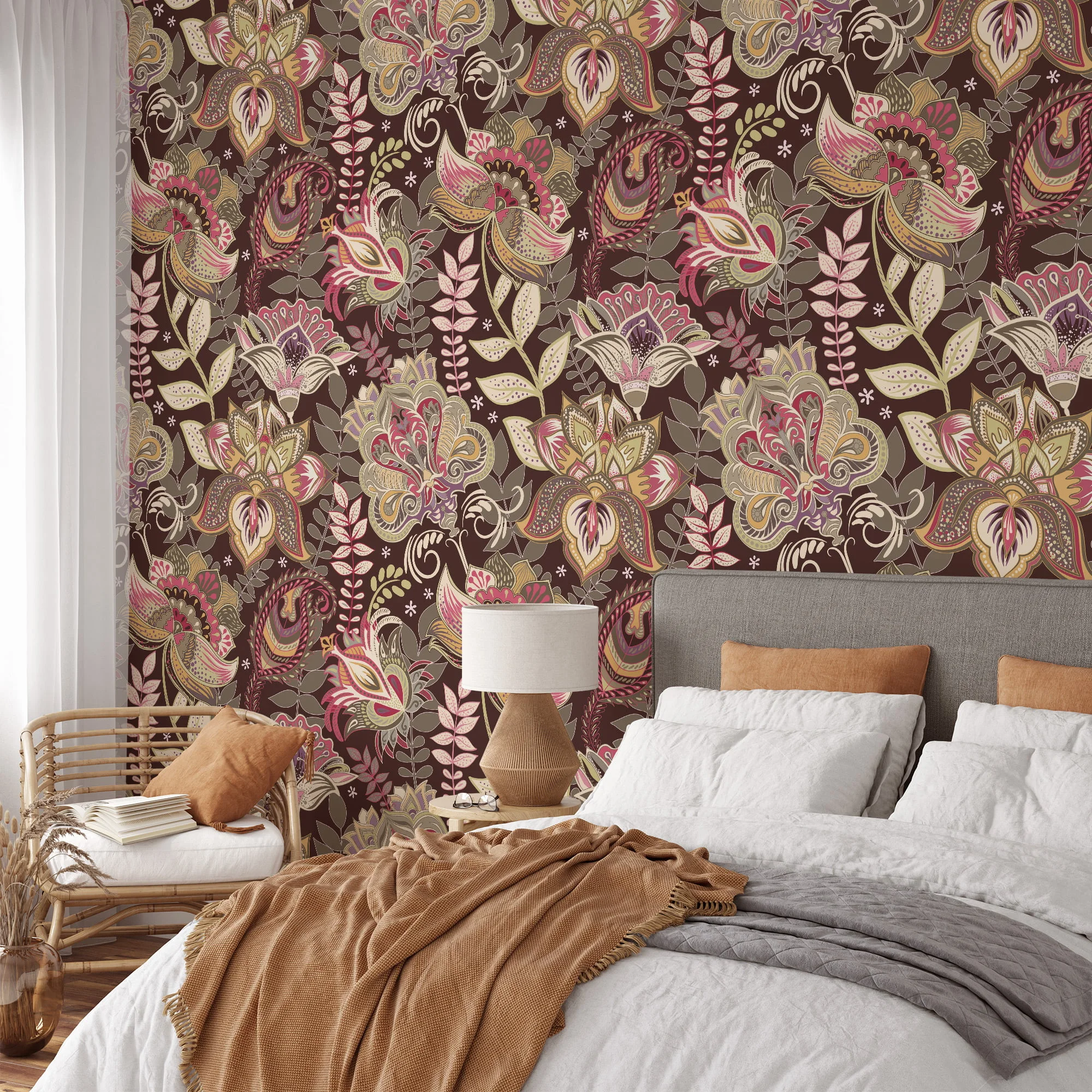 Oriental Vintage Style Floral Illustration Wallpaper - Antique Style Oriental Floral Pattern with Soft Colors and Delicate Details