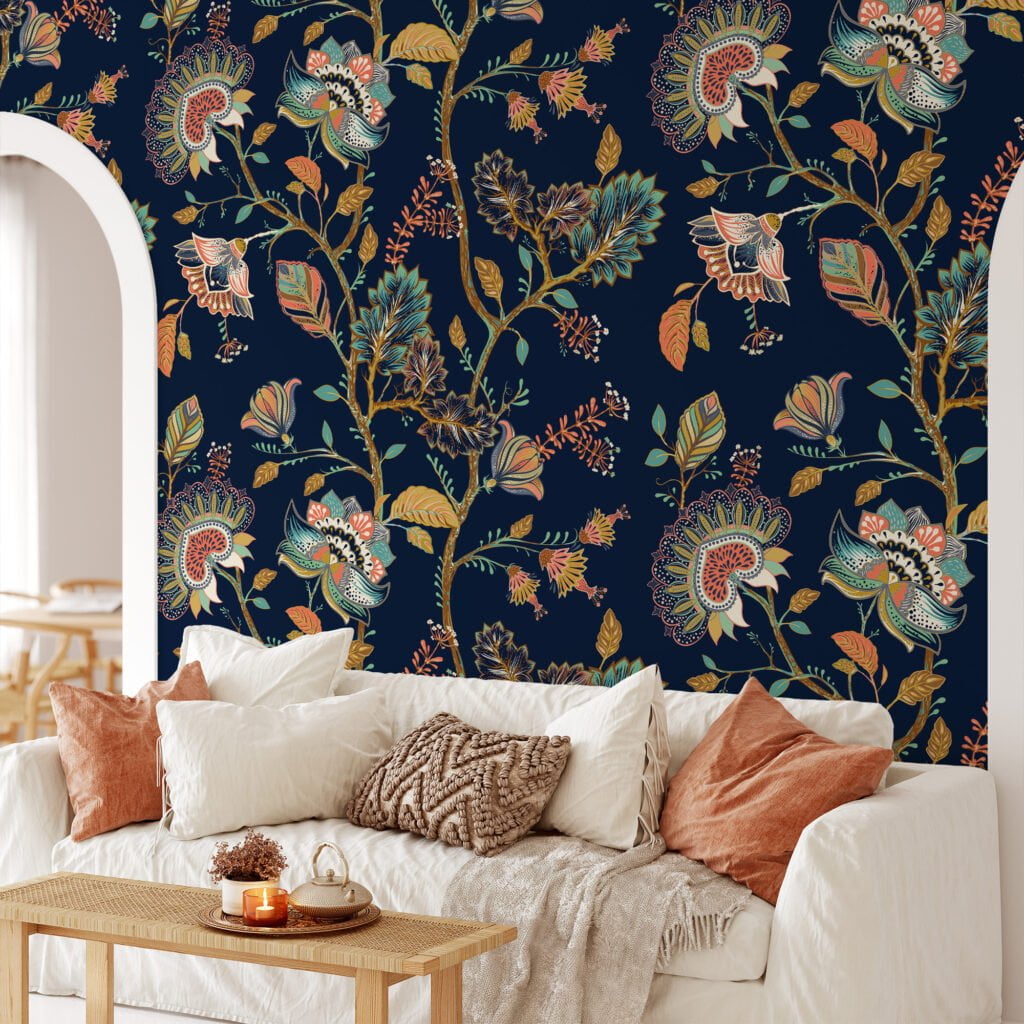 Dark Background Oriental Floral Branches Design Wallpaper for a Distinctive and Eye-catching Interior
