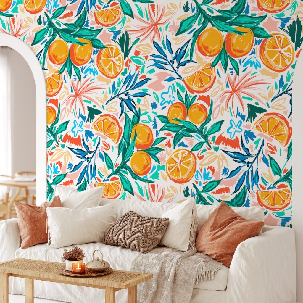 Illustrated Oranges and Tangerines Wall Mural for a Fun and Lively Atmosphere