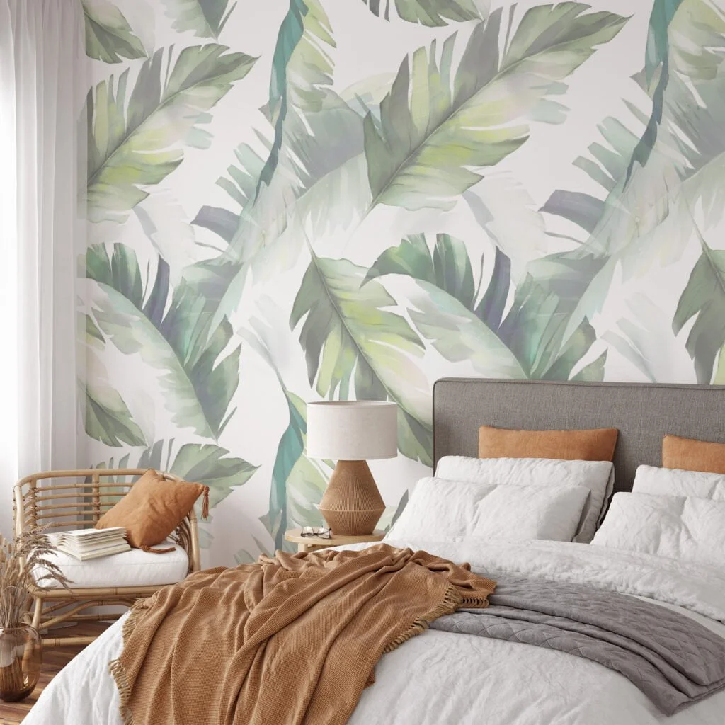 Soft and Serene Watercolor Style Leaves on White Background - Self-Adhesive Peel and Stick Green Wallpaper for a Modern and Relaxing Atmosphere