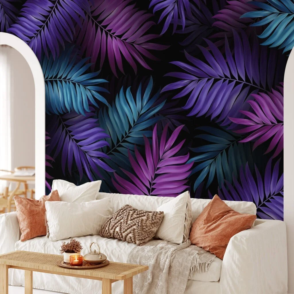 Add a Bold Pop of Color with Purple Fuchsia and Aqua Colored Large Tropical Leaves - Self-Adhesive Peel and Stick Dark Floral Wallpaper for a Vibrant Space