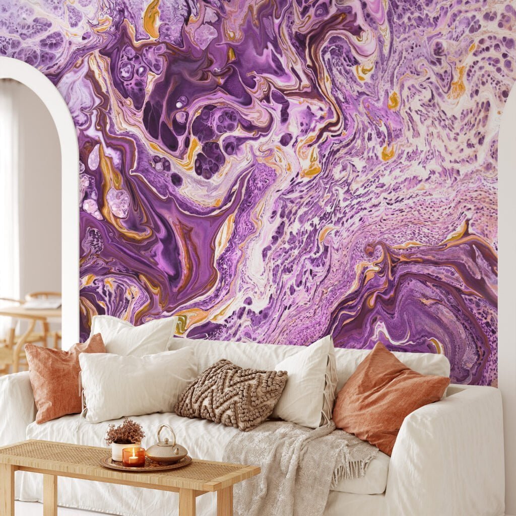 Purple and Gold Marble Wallpaper - Elegant Ink Splash Wall Covering for Stylish Room