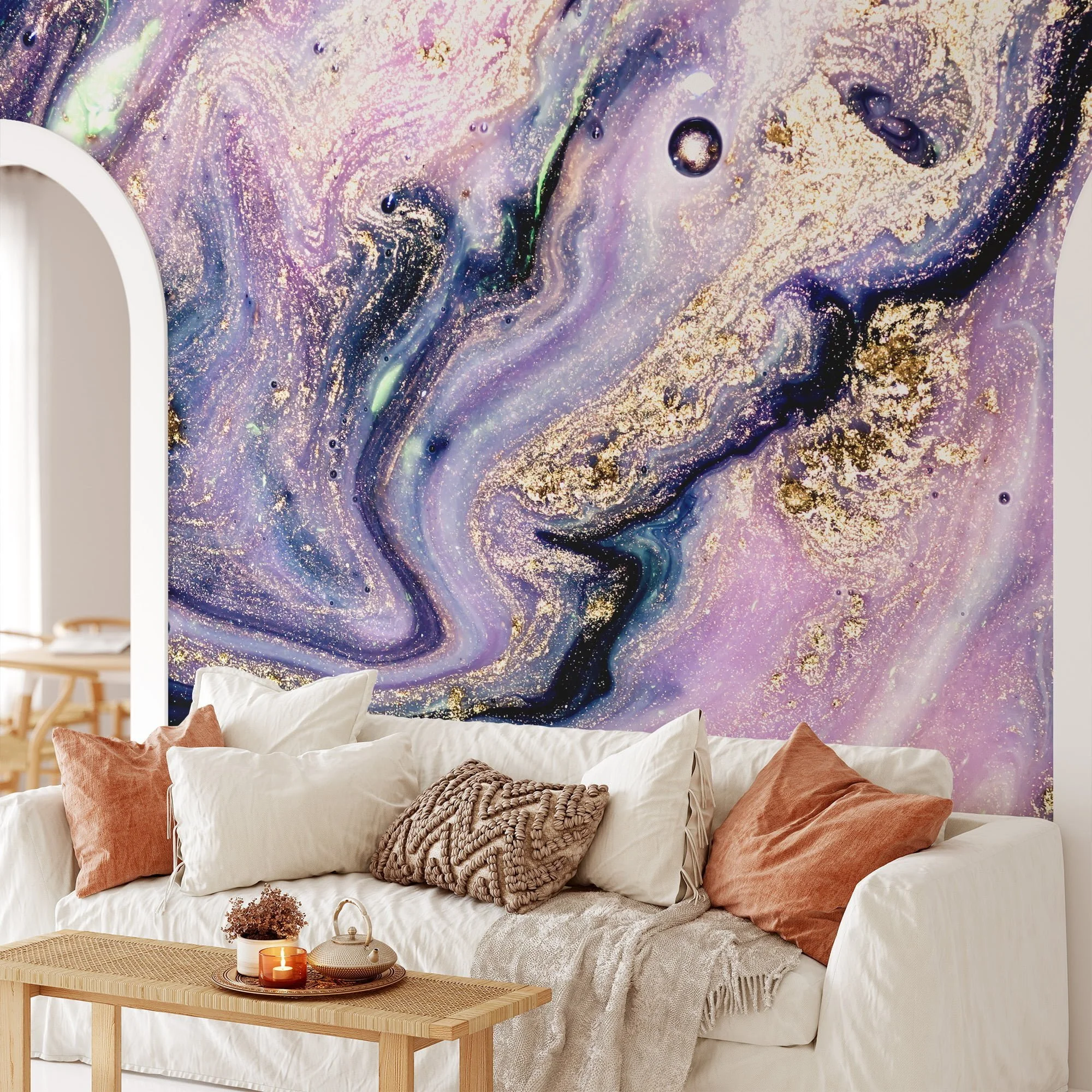 Grunge Purple and Gold Ink Wallpaper - Distressed Liquid Wall Covering with Black Background