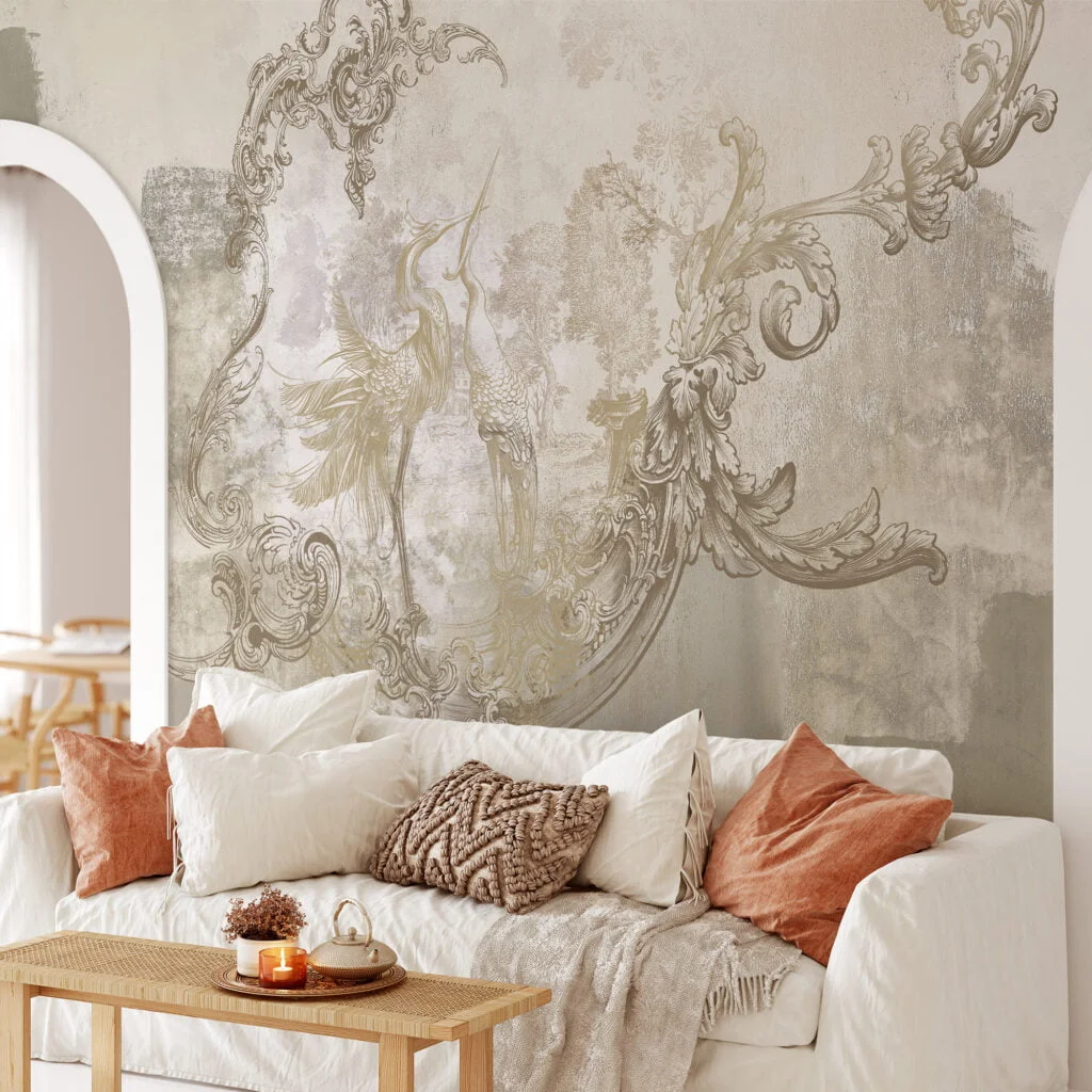 Vintage Style Wallpaper with Storks, Peel and Stick Self Adhesive Wall Mural, Classic Traditional Removable Wallpaper