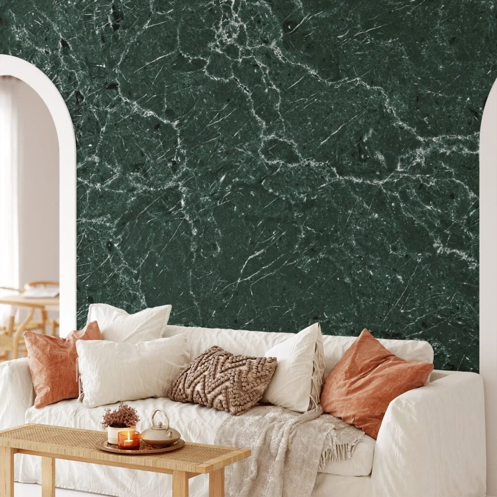 Elevate Your Space with Dark Green Stone Marble Texture Wallpaper, a Removable Wall Mural That Captures the Essence of Luxury and Sophistication