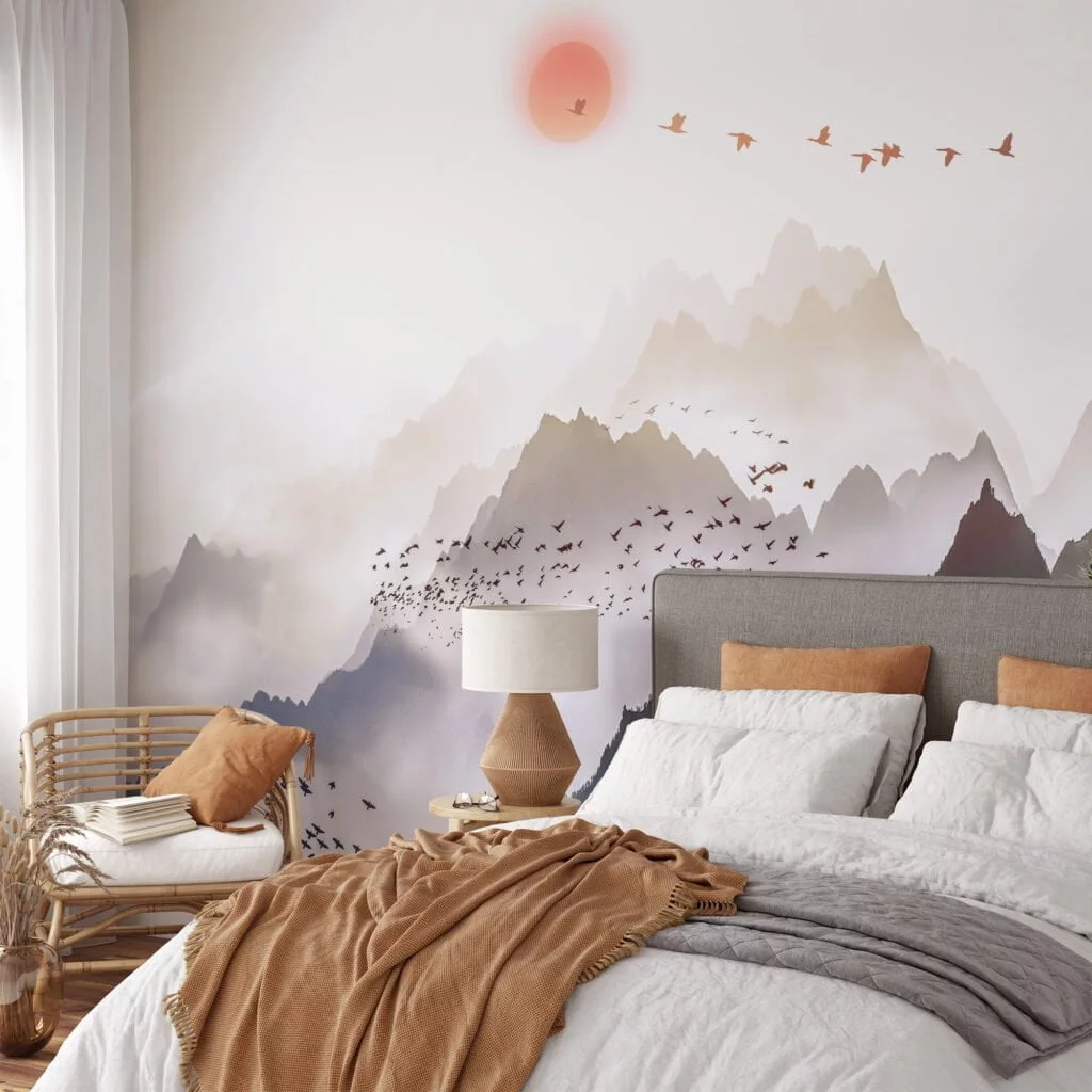 Tranquil Nature Wallpaper with Misty Mountains and Soaring Birds for a Peaceful and Serene Home Ambiance