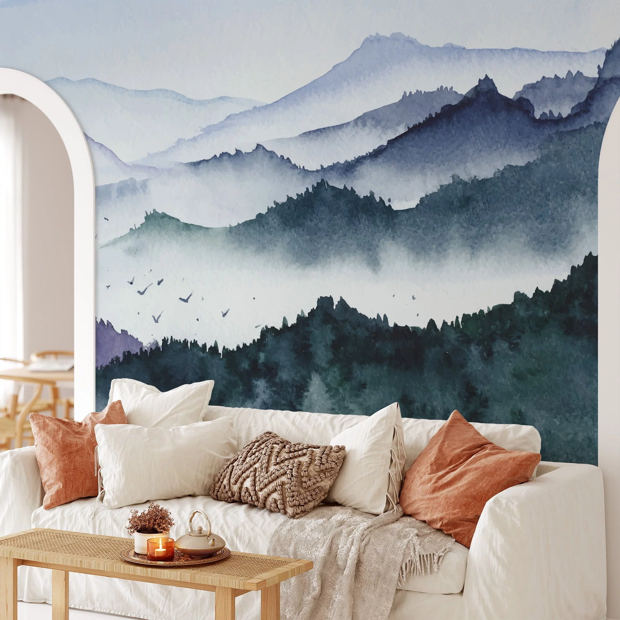 Soft and Serene Watercolor Style Abstract Misty Mountains Wallpaper for a Tranquil and Calming Home Decor