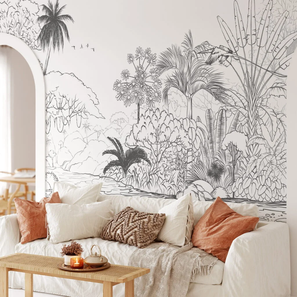 Jungle with Palm Trees Line Art Wallpaper, Hand-drawn and Chic Self Adhesive Wall Mural, Peel and Stick Removable Wallpaper for Nature-lovers