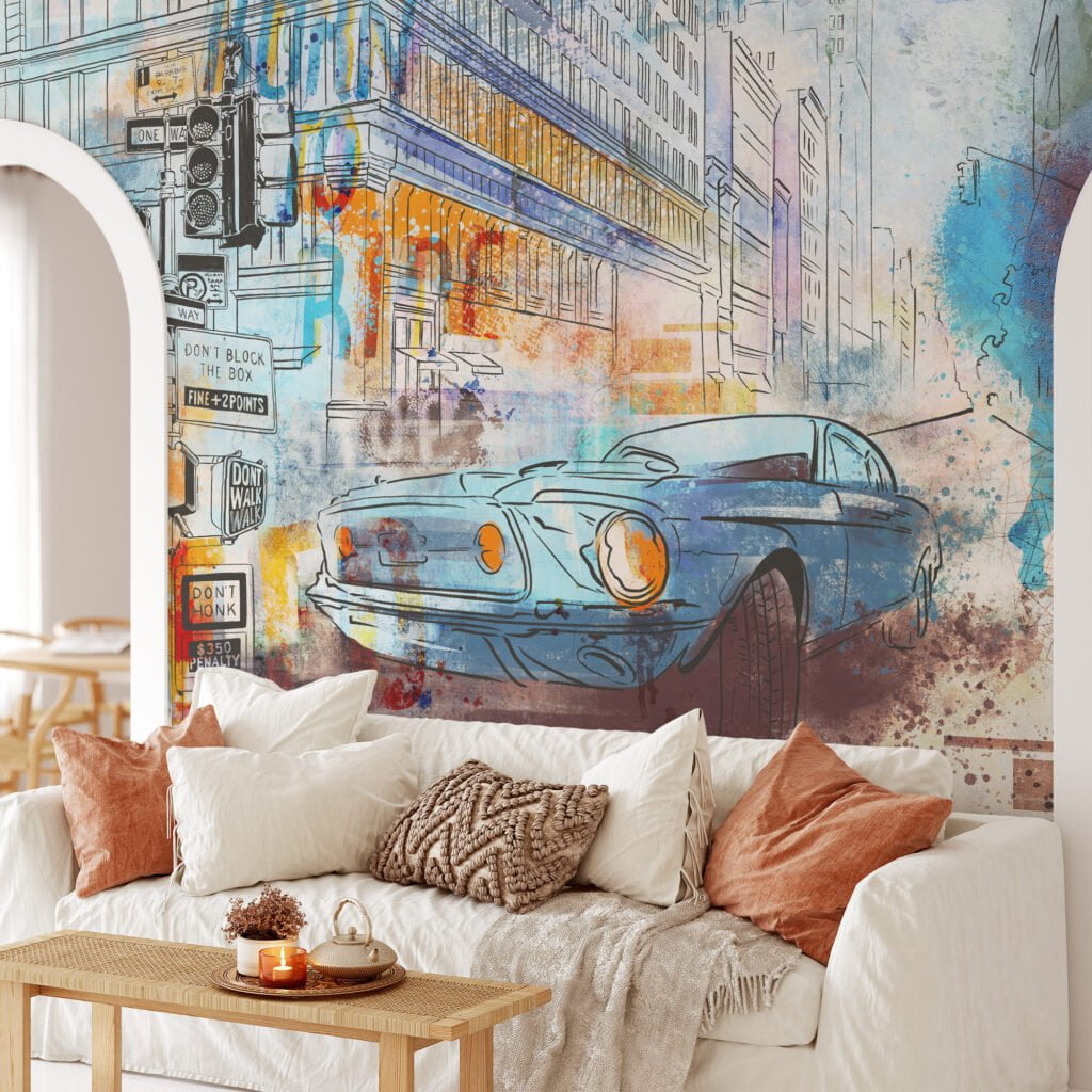 Urban Style Car with Line Art Wallpaper, Contemporary and Stylish Peel and Stick Wall Mural, Self Adhesive Removable Wallpaper for Car Enthusiasts