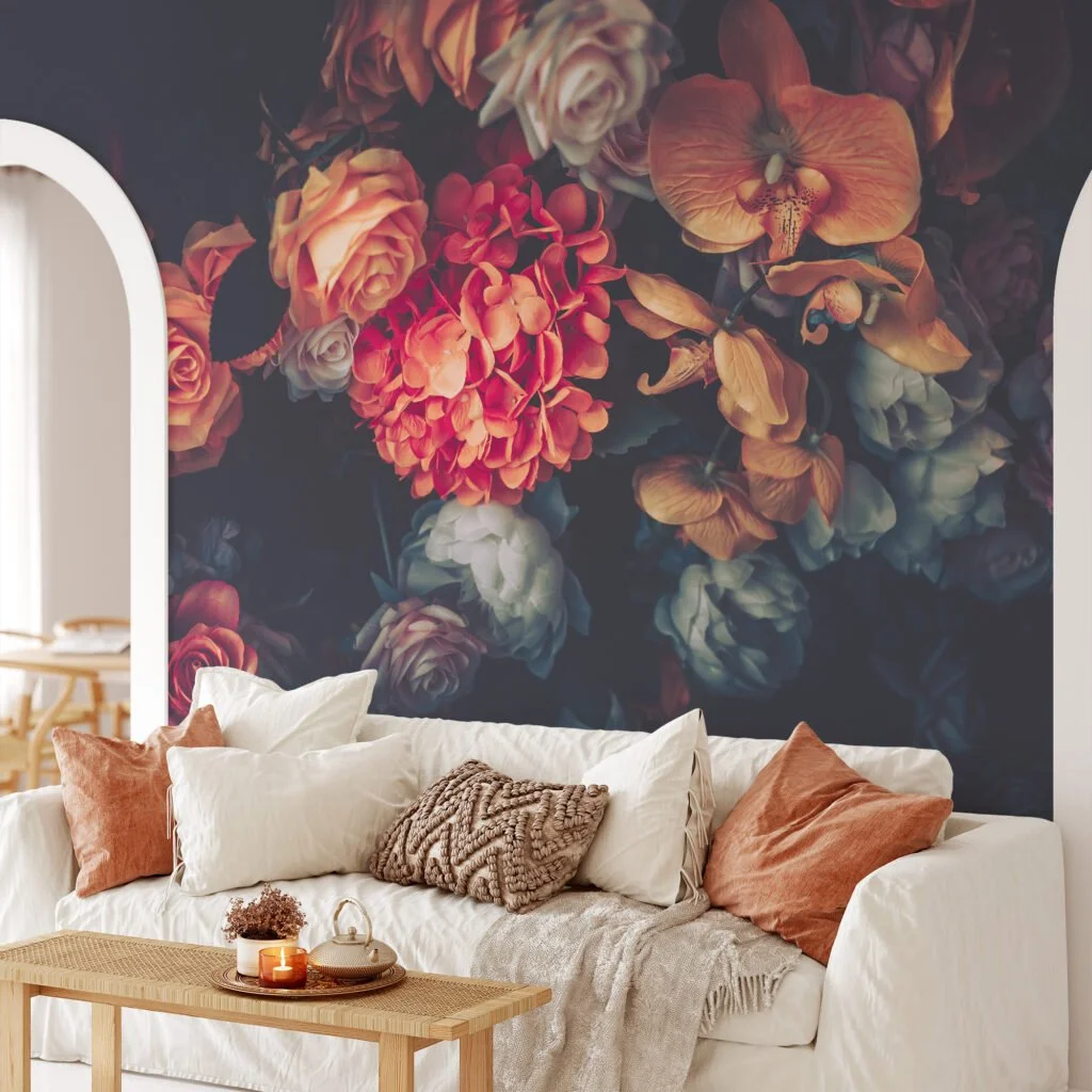 Flower Bouquet with Dark Background Wallpaper, Bold and Striking Peel and Stick Wall Mural, Self Adhesive Removable Wallpaper for a Sophisticated Statement Wall