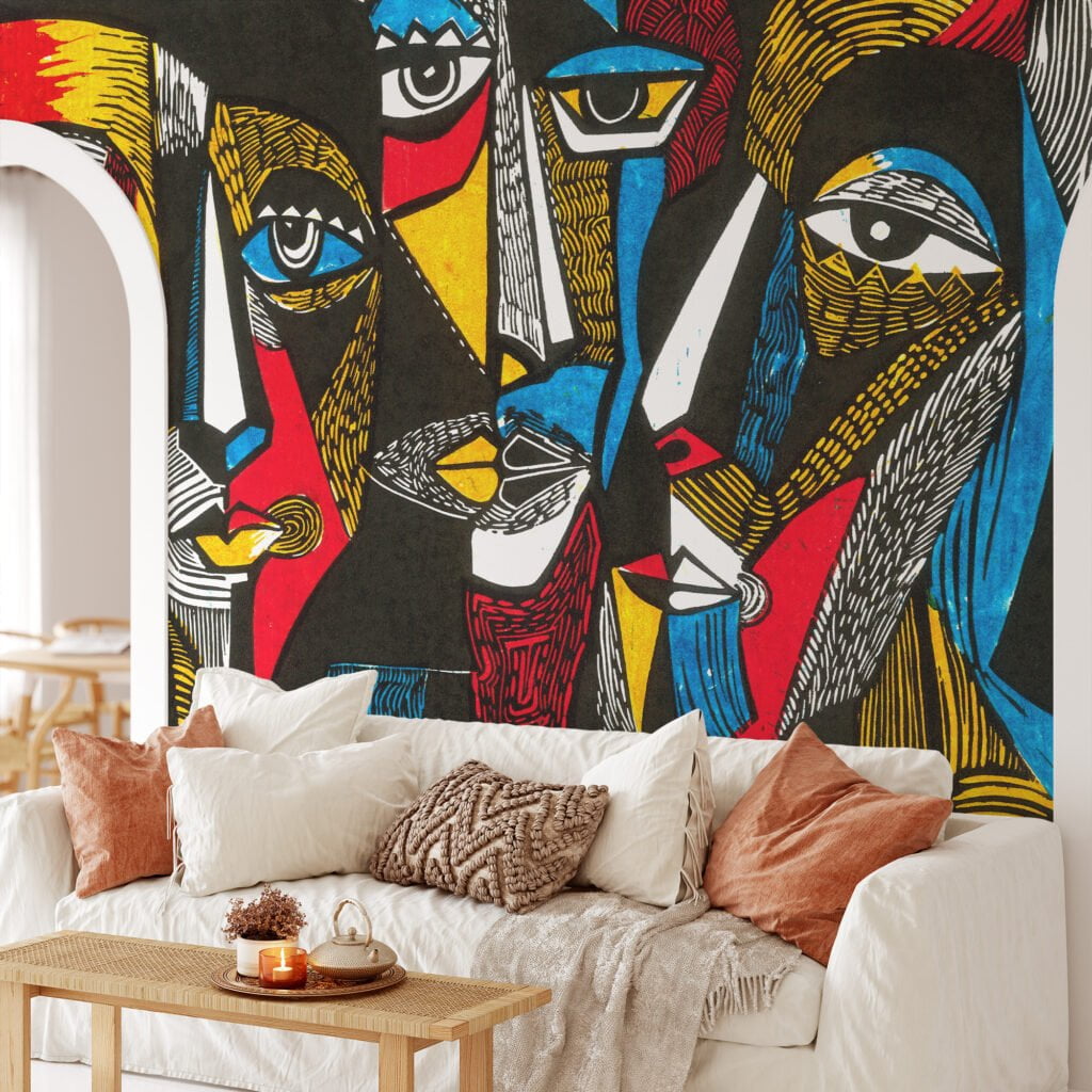 Colorful Surreal Faces Painting Wallpaper, Unique and Eye-catching Self Adhesive Wall Art, Peel and Stick Removable Wall Mural