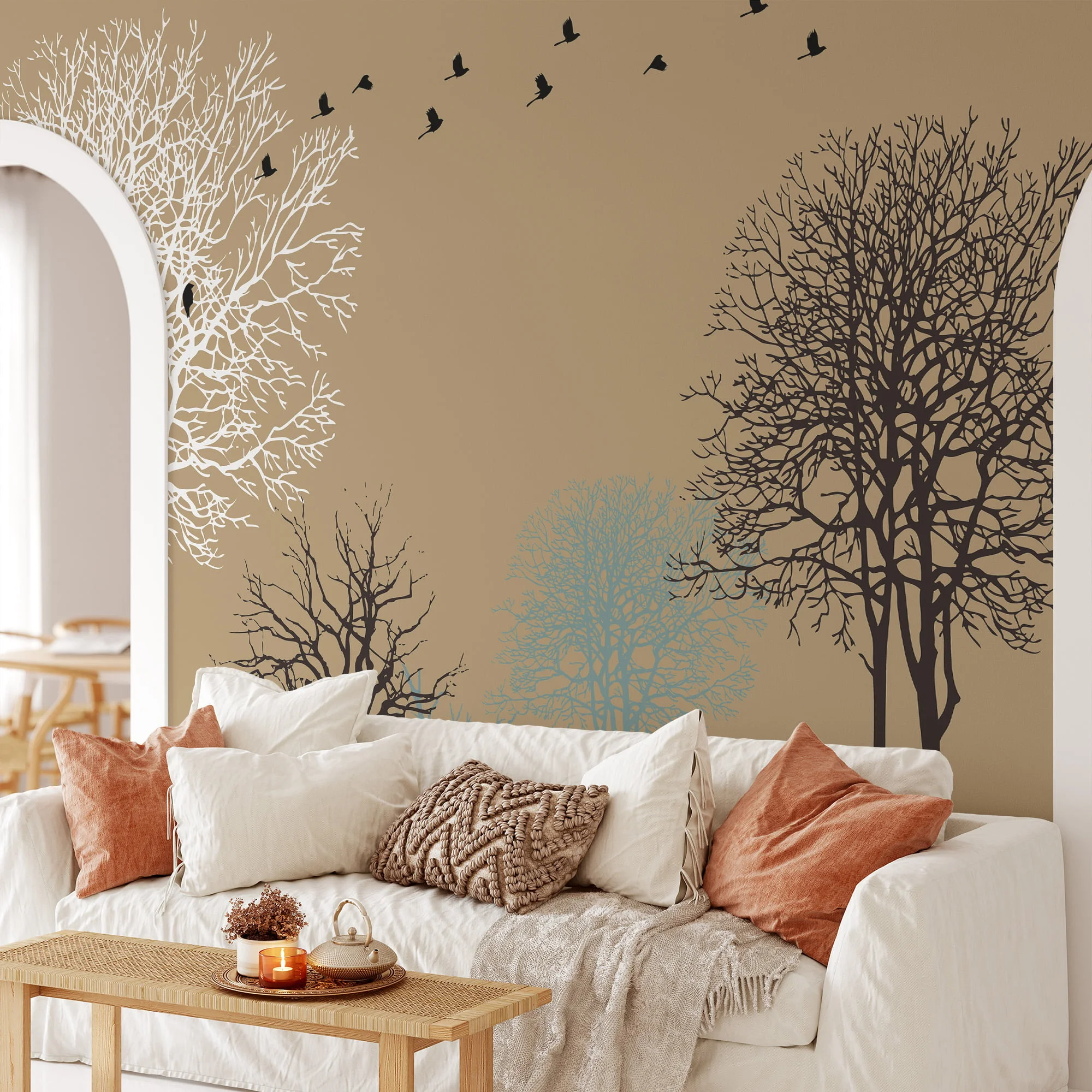 Peel and Stick Minimalist Trees and Birds Wallpaper with Customizable Sizes and Removable Properties for Modern Wall Decor in Living Rooms or Bedrooms
