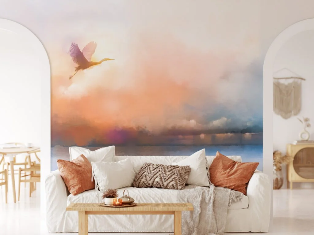 Soft Sunset Landscape Painting with Flying Bird Wallpaper, Serene and Tranquil Peel and Stick Wall Mural, Self Adhesive Removable Wallpaper for Bedroom or Living Room