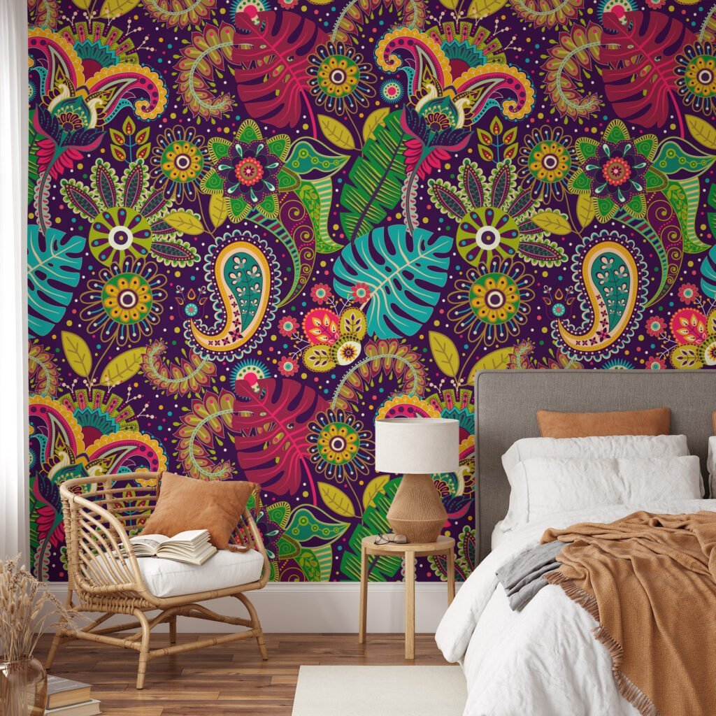 Colorful Traditional Flowers and Leaves Illustration Peel and Stick Wallpaper for Vibrant Home Decor