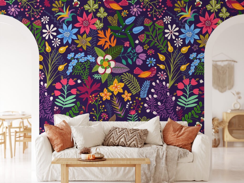 Modern Wallpaper with Colorful Flower Design Illustration - Durable, Self-Adhesive, and Removable
