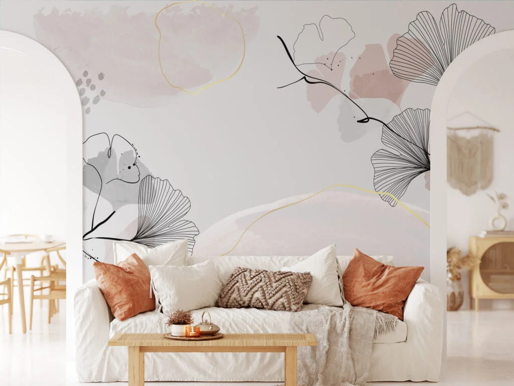 Exquisite Minimalist Grey and Nude Wallpaper with Delicate Floral Line Art for a Timeless Appeal