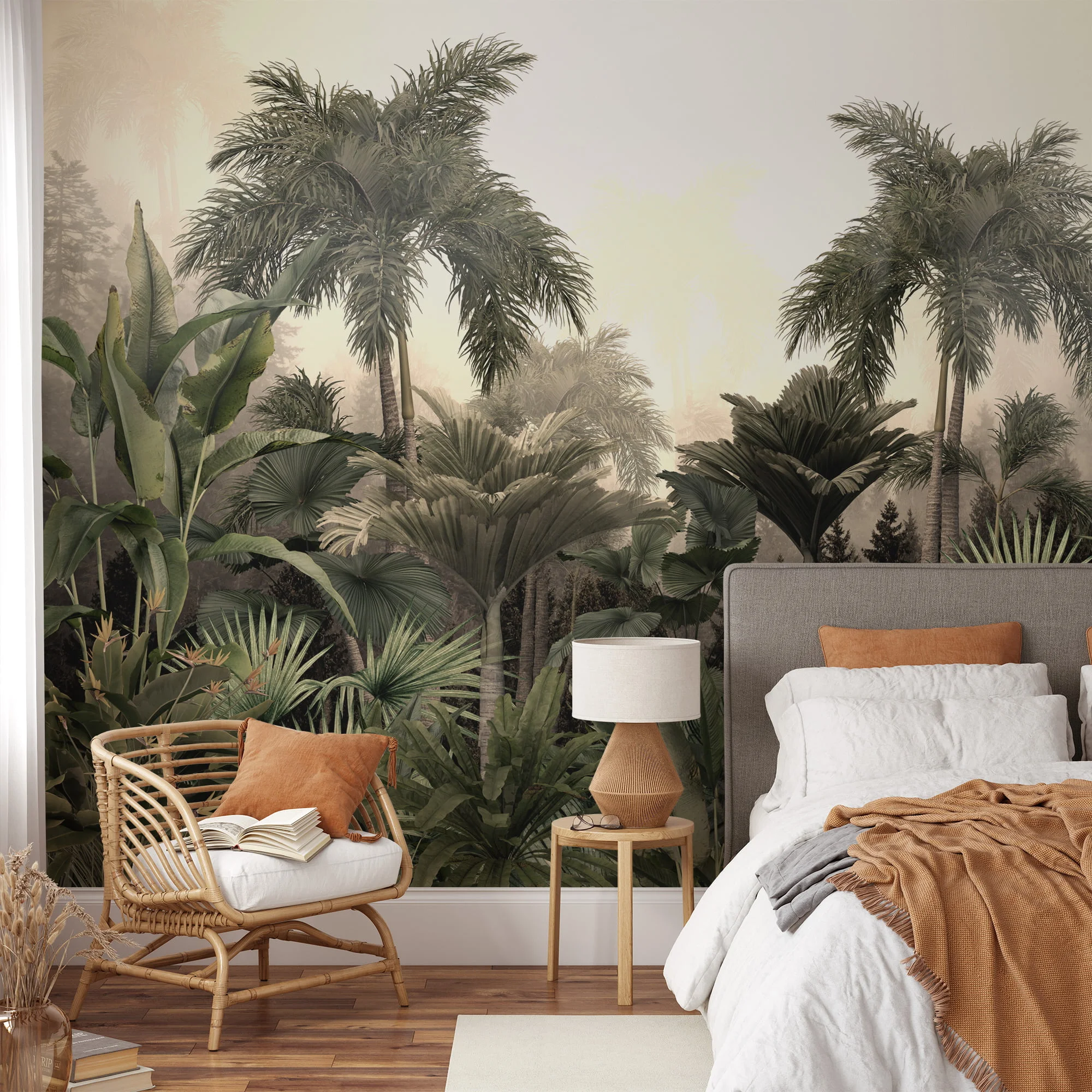 Misty Jungle Wallpaper with Lush Palm Trees and Large Leaves for a Tropical and Exotic Interior