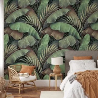 Lush Oasis with Large Tropical Green Banana Leaves Pattern - Self-Adhesive Peel and Stick Green and Brown Leaf Wallpaper Inspired by Nature
