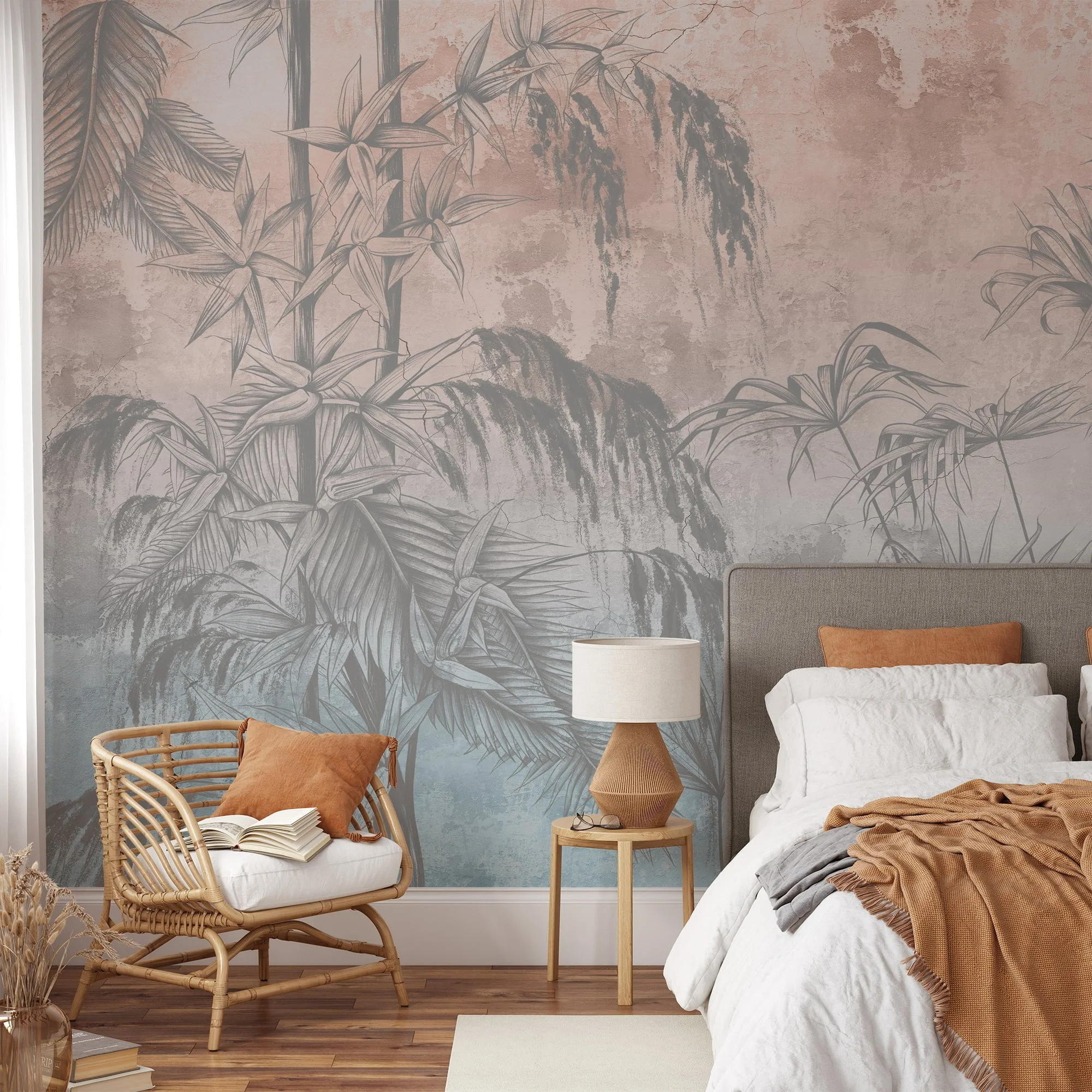 Create a Vintage Tropical Oasis with Trees and Leaves on Grunge Background - Self-Adhesive Peel and Stick Blue Pink Wallpaper Mural to Bring Nature Indoors