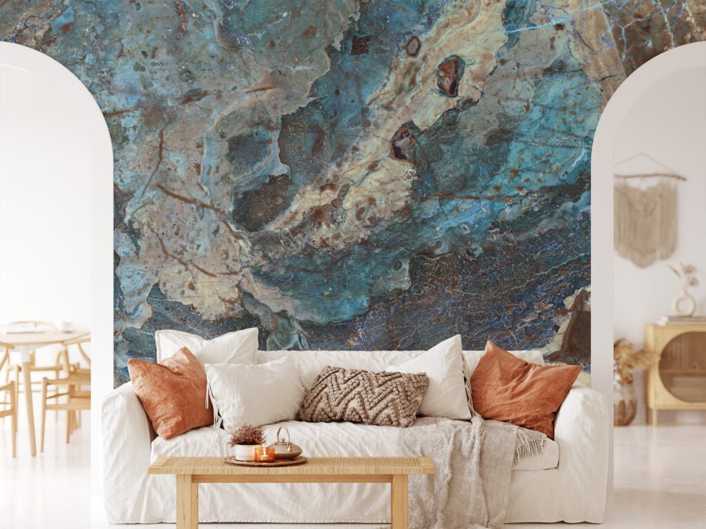 Stone Marble Texture Removable Wallpaper with Turquoise and Brown - Easy to Install Peel & Stick Mural