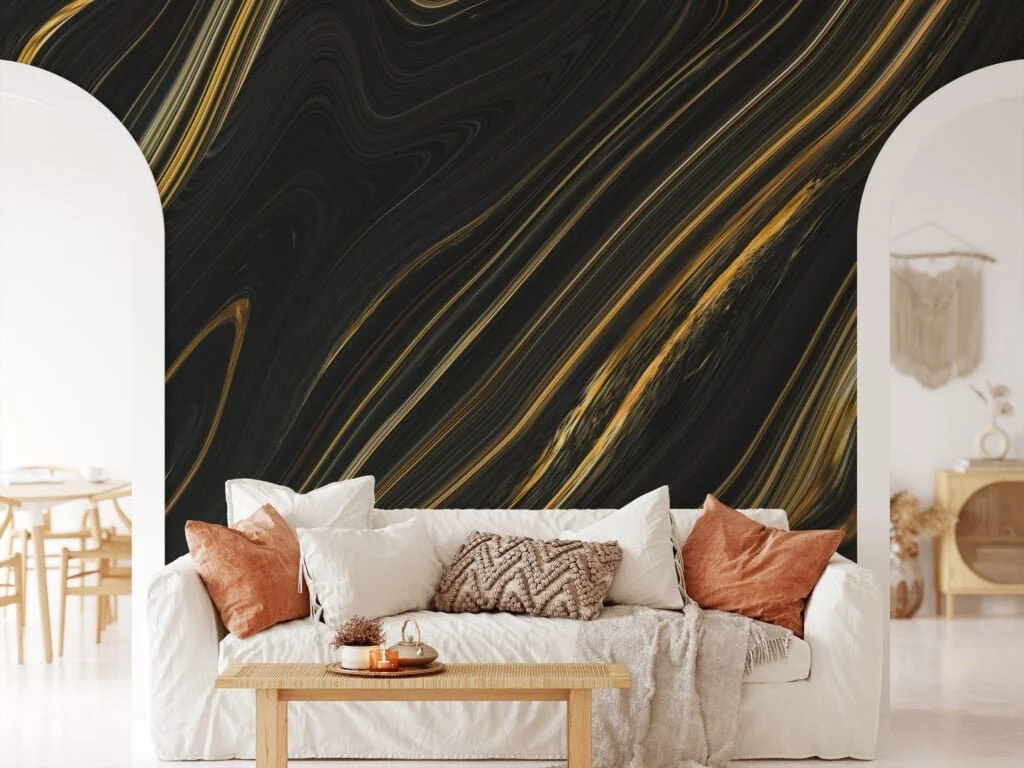 Contemporary Black and Gold Fluid Abstract Wallpaper for a Modern and Stylish Look