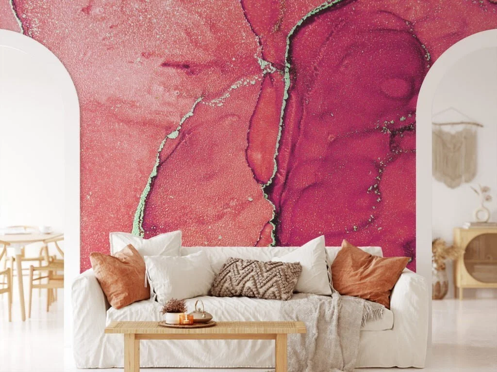 Dramatic Red Toned Marble Texture Wallpaper with Gilded Cracks, Peel & Stick Red Gold Marble Wall Mural