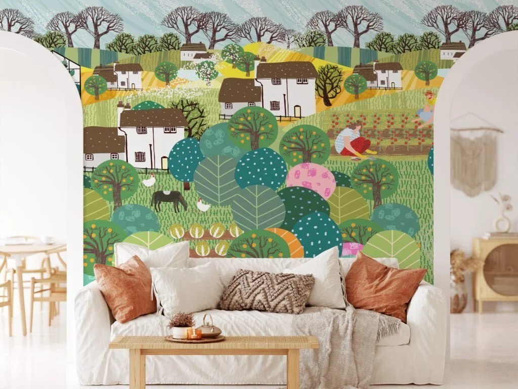 Vibrant Colorful Farm Illustration with Animals and Farmers Wallpaper for a Playful and Cheerful Home Decor