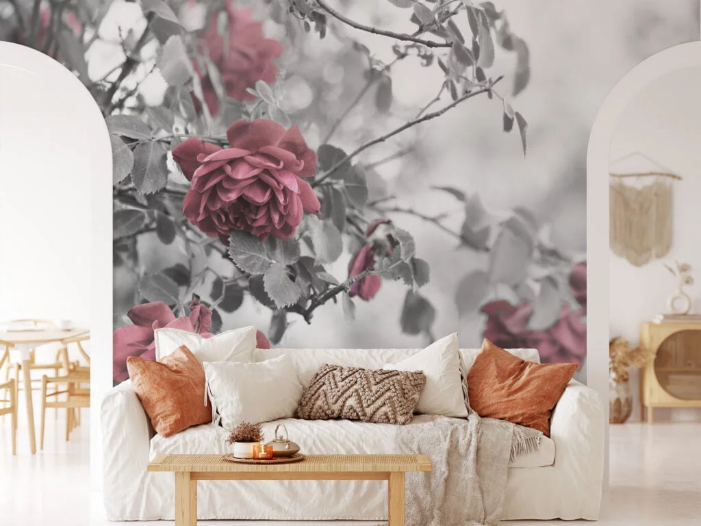 Greyscaled Red Flowers Wallpaper, Moody and Dramatic Peel and Stick Wall Mural, Self Adhesive Removable Wallpaper for a Contemporary and Edgy Look