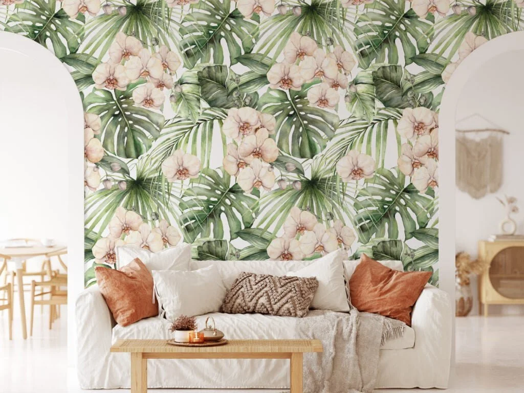 Tropical Paradise Palm Leaves and Orchids Painting Wallpaper, Peel and Stick Self Adhesive Removable Wall Mural, Perfect for a Relaxing Oasis