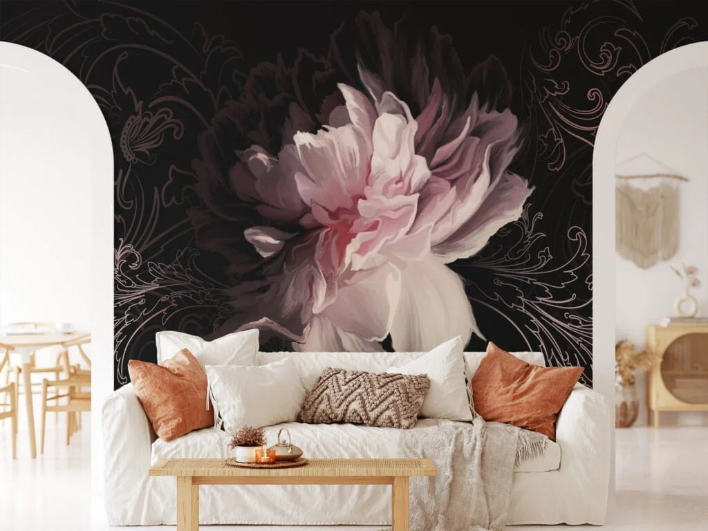 Soft Pink Floral Wallpaper, Large Blooming Flowers Wall Mural for Feminine Bedroom or Nursery