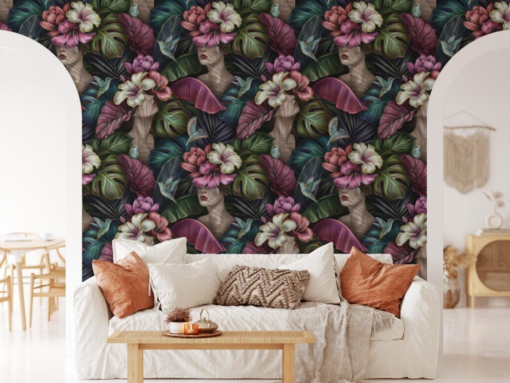 Whimsical Flower Covered Faces Wallpaper, Botanical Removable Wall Mural for Living Room or Bedroom