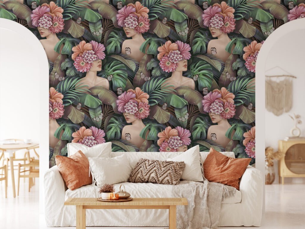 Botanical Butterfly Garden Wallpaper, Floral Peel and Stick Wall Mural with Butterflies and Faces, Self-Adhesive Removable Wallpaper