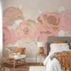 Elegant Pink Peony Roses with Golden Line Art Wallcovering for a Chic and Luxurious Decor