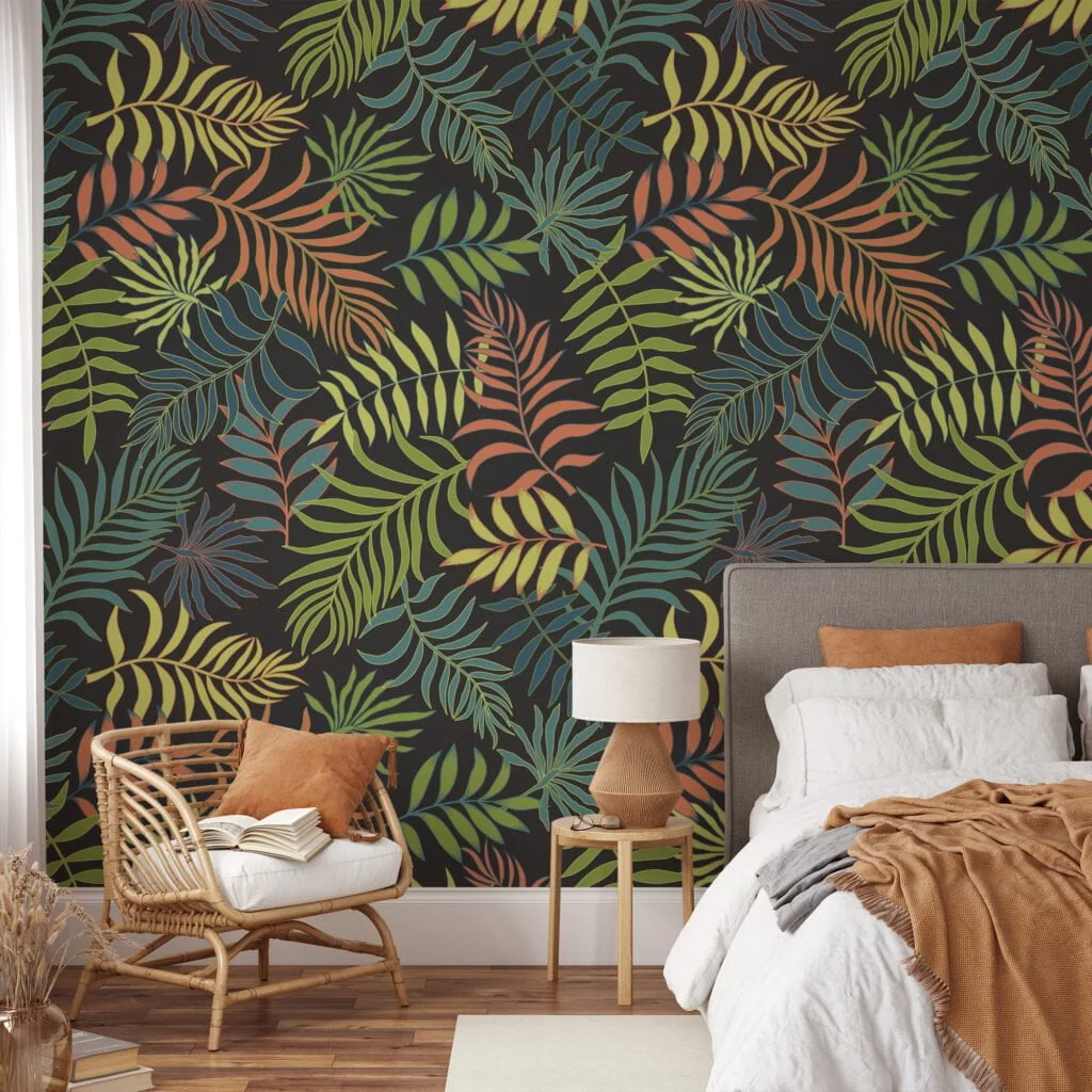 Bold and Beautiful Tropical Floral Leaves on Dark Background - Self-Adhesive Peel and Stick Fern Wallpaper with Botanical Charm