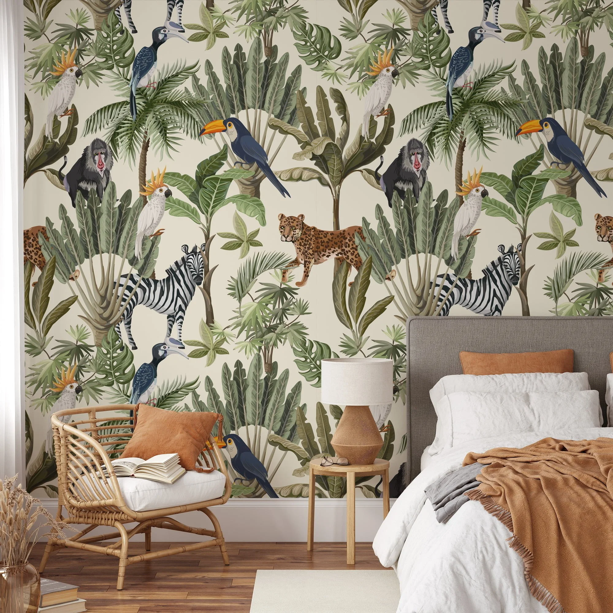 Lush Leaves and Exotic Animal Illustration Wallpaper for a Wild and Vibrant Home Decor