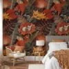 Autumnal Leaves Illustration Wallpaper with Foxes for a Rustic and Cozy Home Ambiance