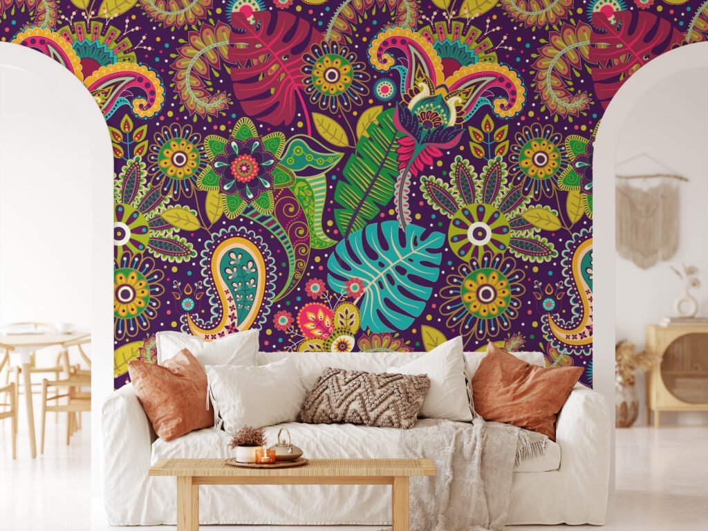 Colorful Traditional Flowers and Leaves Illustration Peel and Stick Wallpaper for Vibrant Home Decor