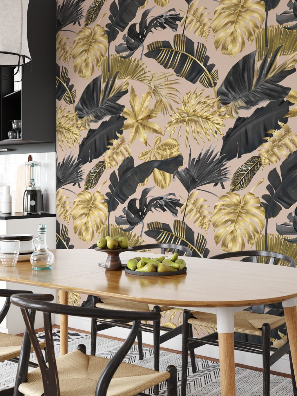 Luxurious Gold and Black Tropical Leaves on Peach Pink Background - Self-Adhesive Peel and Stick Modern Wallpaper for a Touch of Elegance