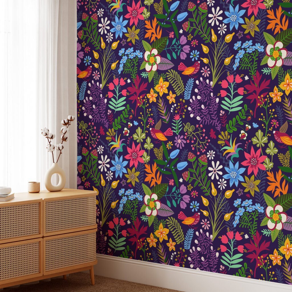 Modern Wallpaper with Colorful Flower Design Illustration - Durable, Self-Adhesive, and Removable