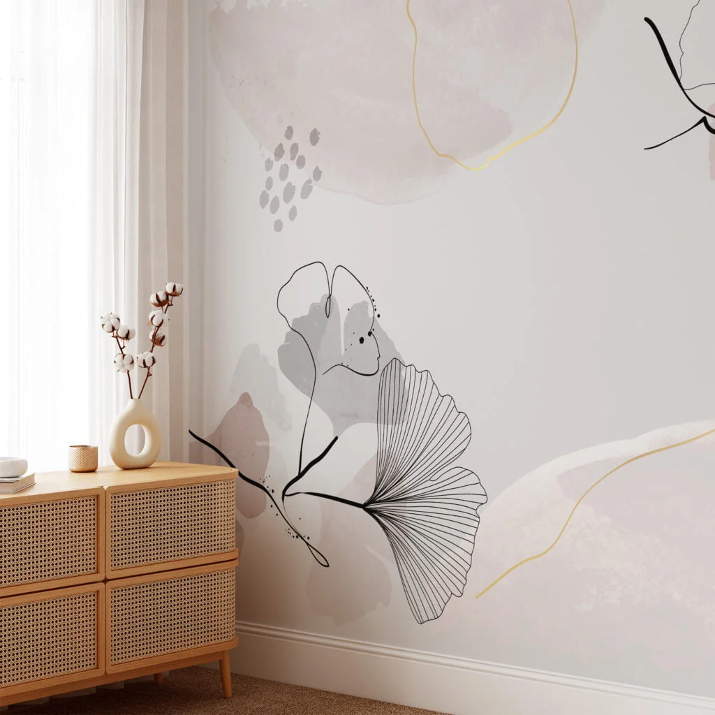 Exquisite Minimalist Grey and Nude Wallpaper with Delicate Floral Line Art for a Timeless Appeal