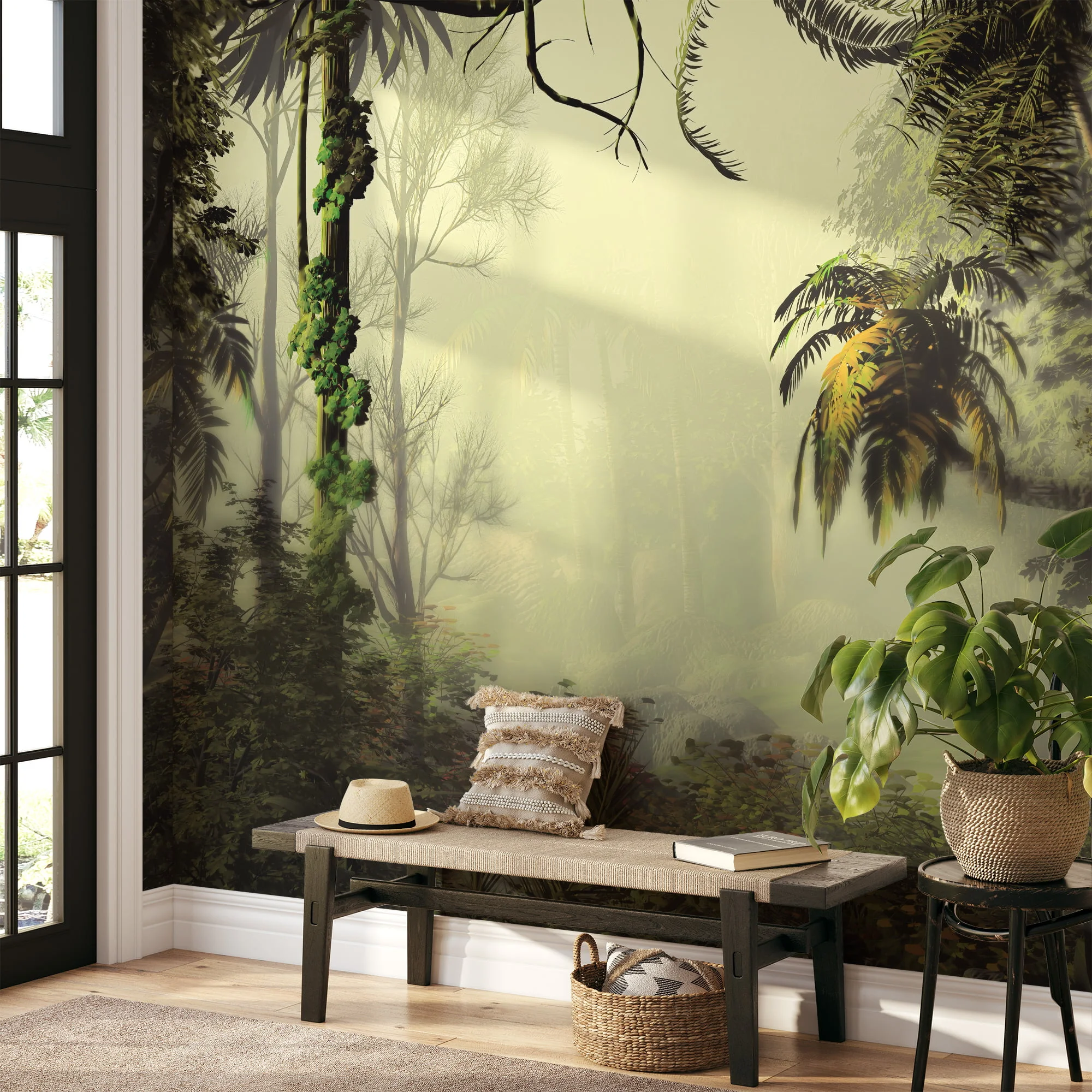 Elegant Misty Green Jungle Wallcovering with Lush Palm Trees and Forest Background for a Serene Atmosphere
