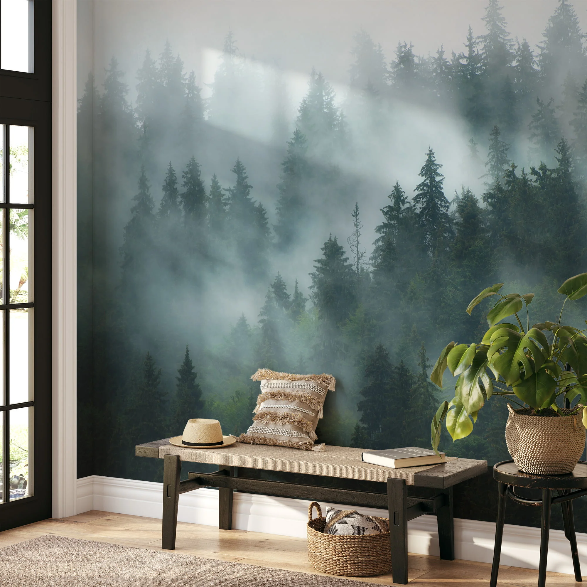 Stunning Foggy Dark Green Forest Wallpaper for a Mystical Nature-Inspired Look