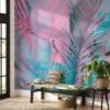 Colorful Tropical Palm Leaves in Bubble Pink and Blue - Self-Adhesive Peel and Stick Wallpaper for a Vibrant Bathroom or Any Room
