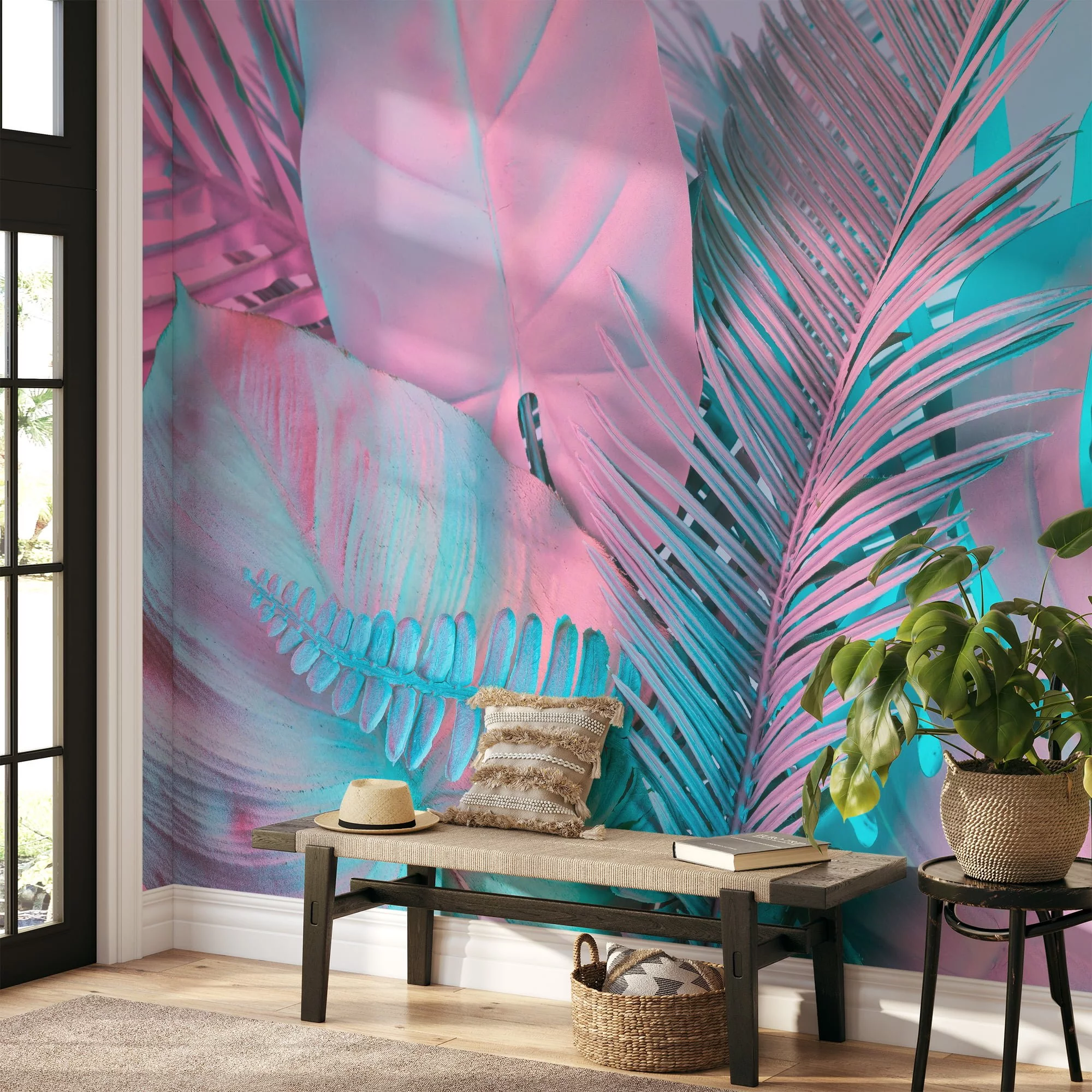 Colorful Tropical Palm Leaves in Bubble Pink and Blue - Self-Adhesive Peel and Stick Wallpaper for a Vibrant Bathroom or Any Room